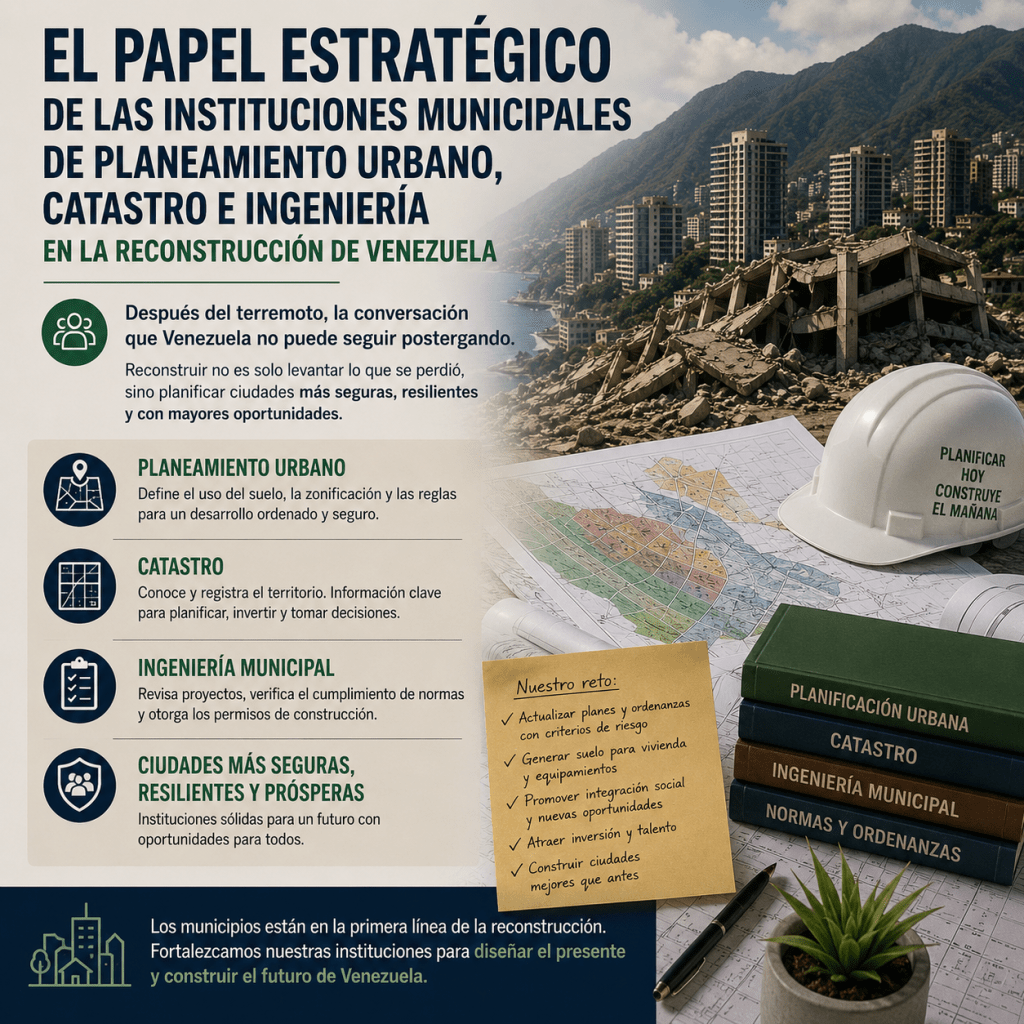 El papel estratégico de las instituciones municipales de planeamiento urbano, catastro e ingeniería en la reconstrucción de Venezuela: la conversación que Venezuela no puede seguir&nbsp;postergando